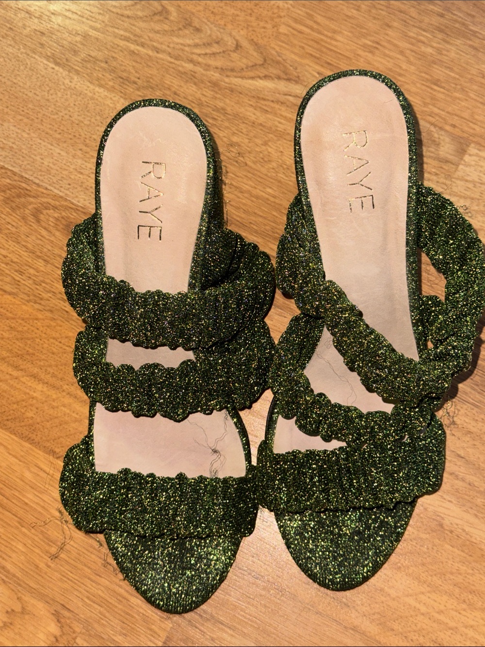 RAYE Olive Sparkle Braided Slide Heels